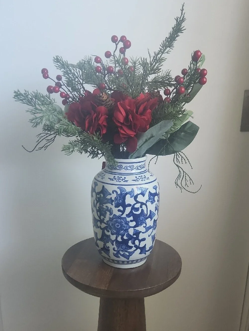 Blue and White Chinoiseire Ceramic Ginger Jar Vase with Holiday Pine Arrangement